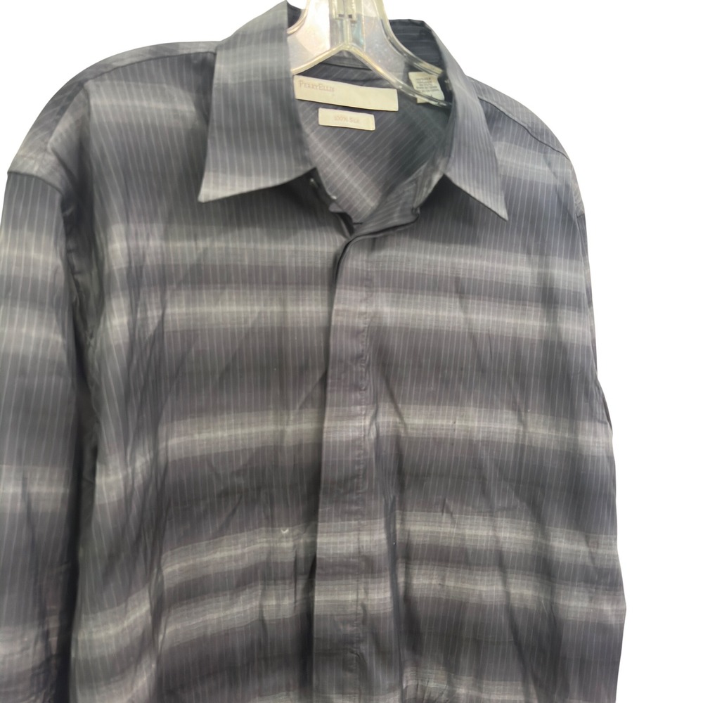 Perry Ellis Shirt Mens M Gray Ombre Striped 100% Silk Long Sleeve Button Down